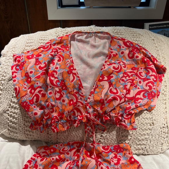 Aveloria Allover Print Cut-waist Ruched Slit Side Dress 2 Piece Sz L - Picture 6 of 7